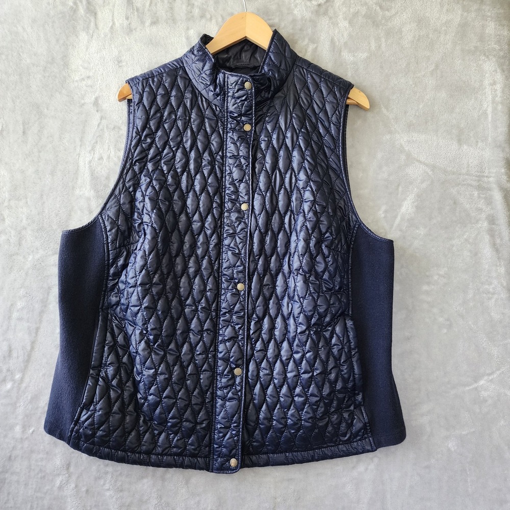 Talbots Puffer Vest Womens Size 2X Navy Blue Diamond Quilted Knit Side Panels